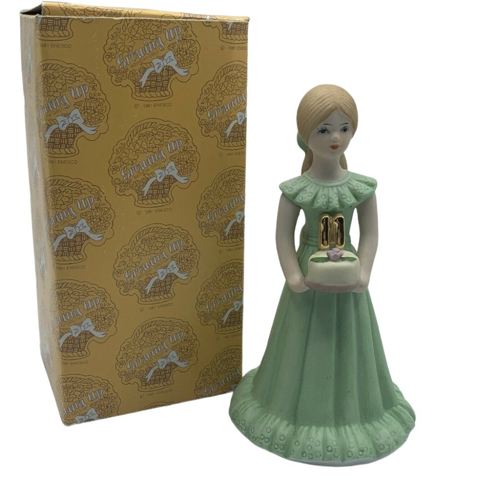 Vintage Enesco 11th Birthday 1981 Figurine in Box Green Dress Growing Up Girls